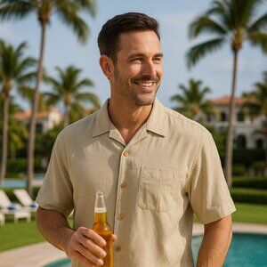 Tommy Bahama Beige Palm Tree Pattern Silk Shirt – Size Small